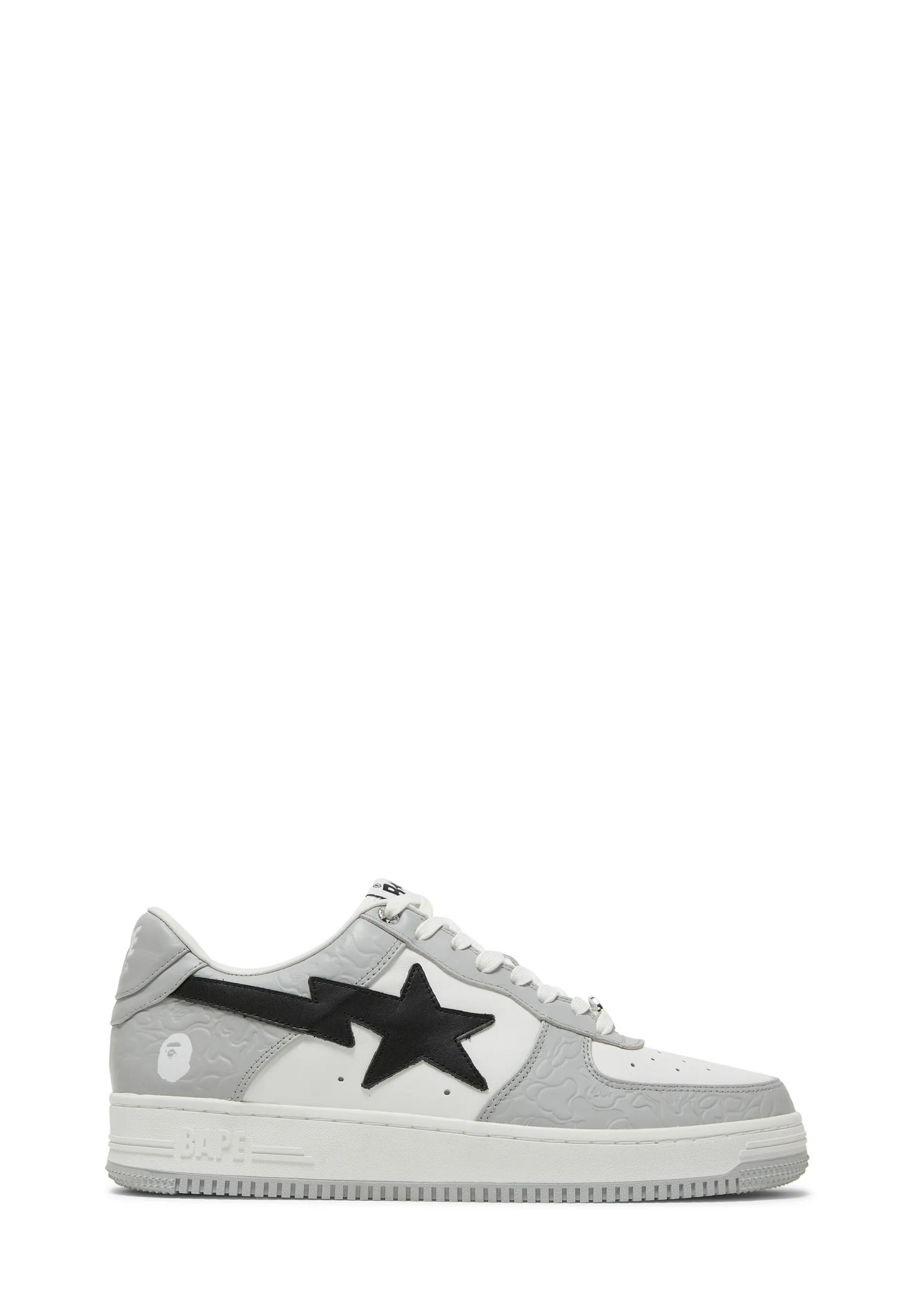 Bape Sta white & gray & black low-top sneakers
Bathing Ape glossy patent sneakers
Streetwear star-panel low shoes
Bape-style white & gray & black sneakers