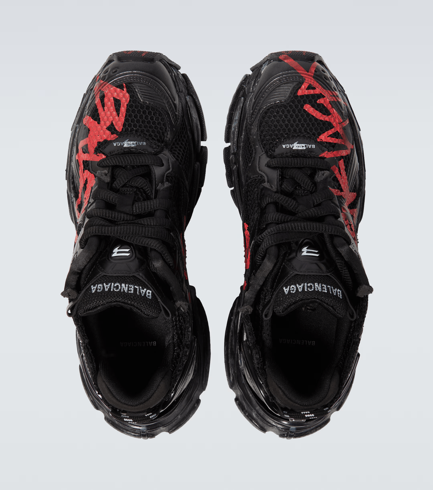 distressed black & red mesh runner sneakers
vintage luxury style running shoes
grey deconstructed street sneakers
balenciaga inspired runners
