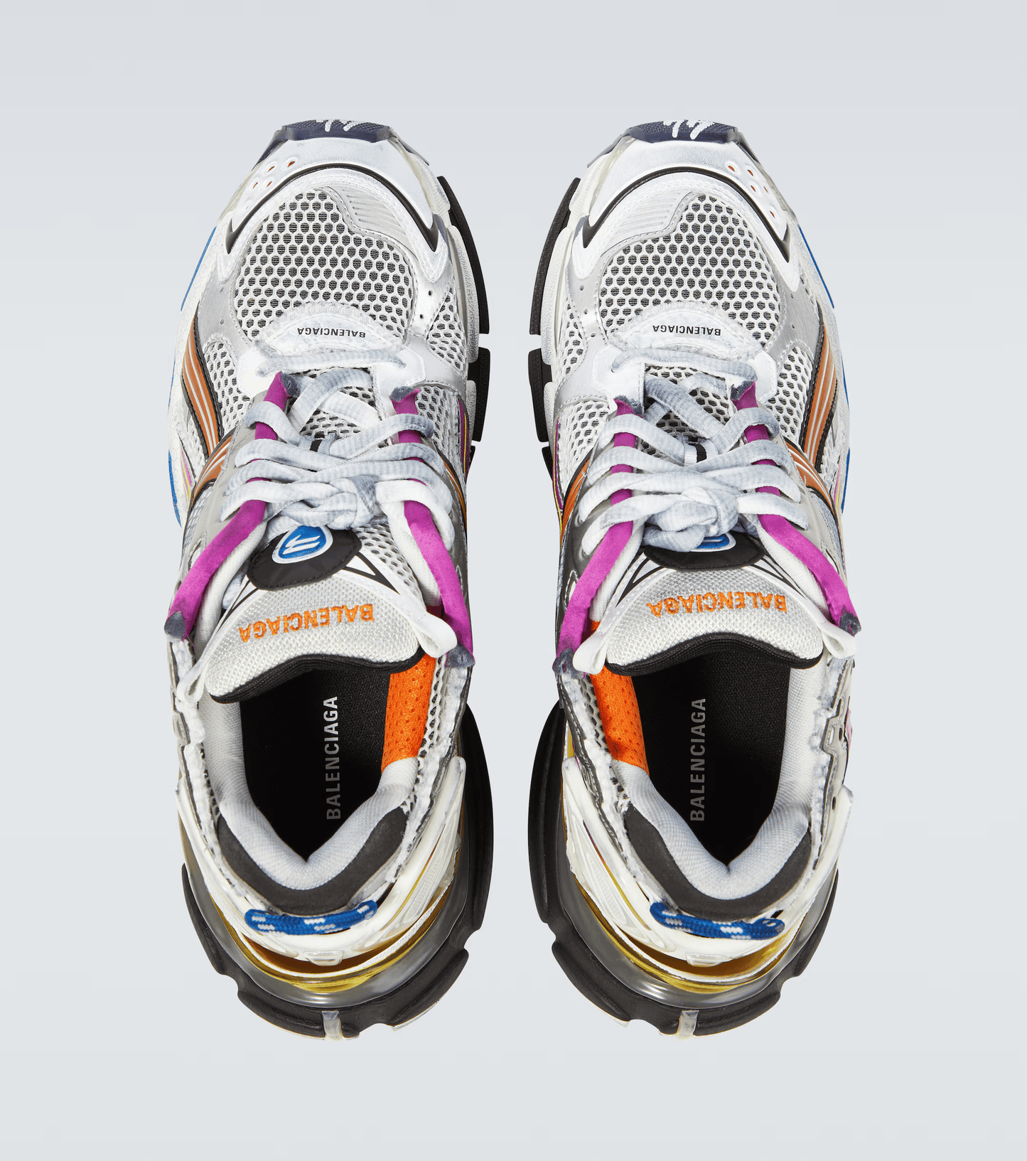 distressed rainbow mesh runner sneakers
vintage luxury style running shoes
grey deconstructed street sneakers
balenciaga inspired runners
