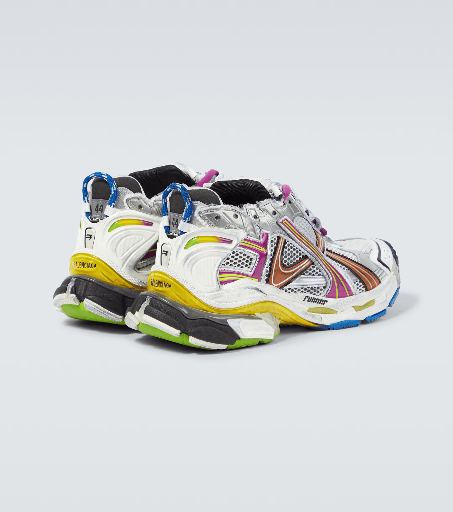 distressed rainbow mesh runner sneakers
vintage luxury style running shoes
grey deconstructed street sneakers
balenciaga inspired runners