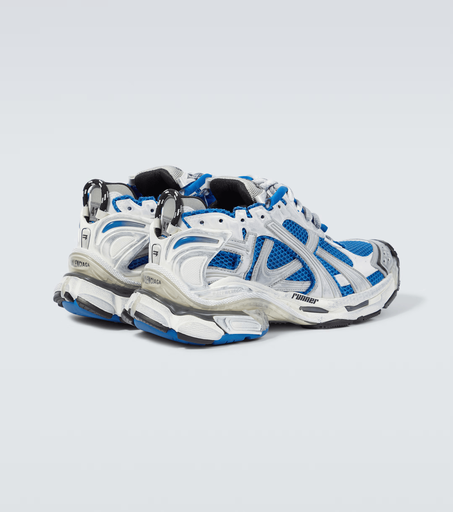 distressed white & blue mesh runner sneakers
vintage luxury style running shoes
grey deconstructed street sneakers
balenciaga inspired runners