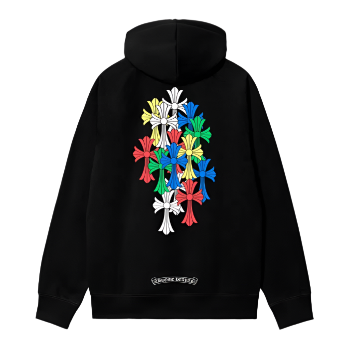 chrome hearts multicolor cross hoodie
designer zip-up hoodie black
gothic cross hoodie streetwear
luxury gradient graphic hoodie