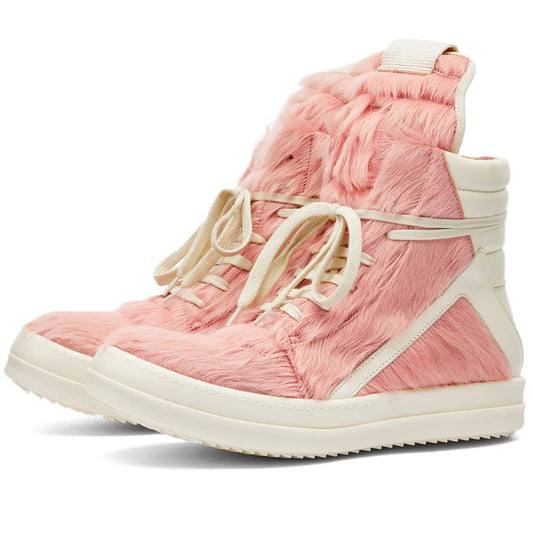 pink cowhide high-top sneakers

dusty pink rick owens inspired geobaskets

avant-garde cow fur streetwear shoes

luxury extended tongue high tops