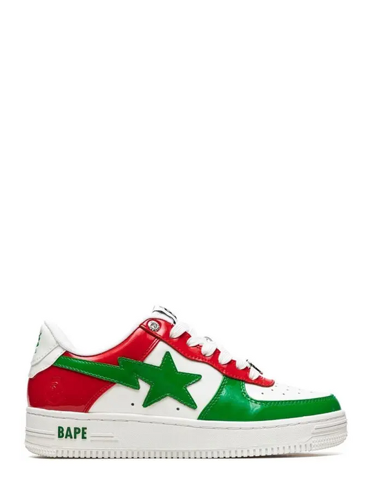 Bape Sta red white green low-top sneakers

Bathing Ape glossy patent sneakers

Streetwear star-panel low shoes

Bape-style red white green sneakers