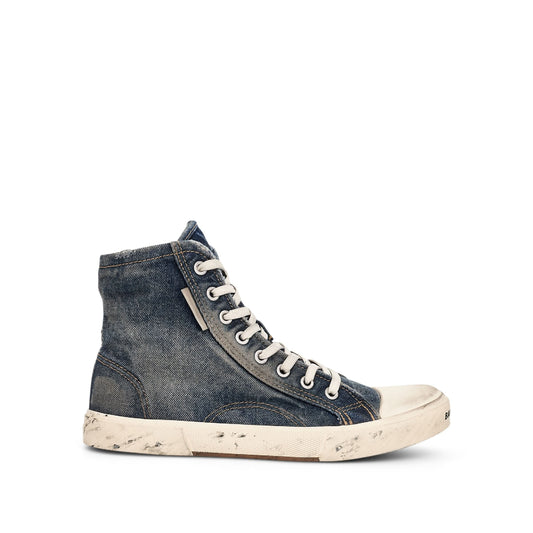 worn-out high top canvas sneakers

distressed rubber sole high sneakers

vintage style canvas high-tops

aged jeans blue Balenciaga Paris sneaker lookalike
