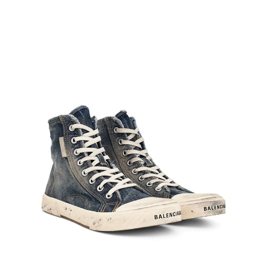 worn-out high top canvas sneakers

distressed rubber sole high sneakers

vintage style canvas high-tops

aged jeans blue Balenciaga Paris sneaker lookalike