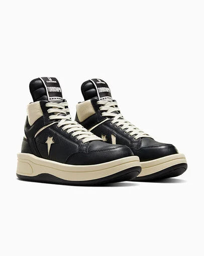 turbo high-top leather sneakers

natural black exaggerated basketball shoes

rick owens converse style sneakers

drkshdw inspired oversized tongue shoes