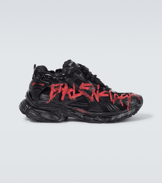 distressed black & red mesh runner sneakers

vintage luxury style running shoes

grey deconstructed street sneakers

balenciaga inspired runners