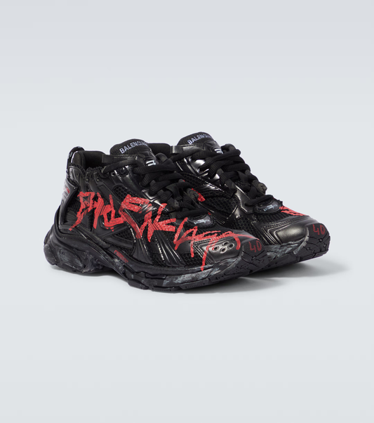 distressed black & red mesh runner sneakers

vintage luxury style running shoes

grey deconstructed street sneakers

balenciaga inspired runners