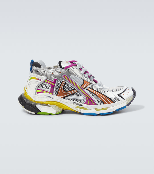 distressed rainbow mesh runner sneakers

vintage luxury style running shoes

grey deconstructed street sneakers

balenciaga inspired runners