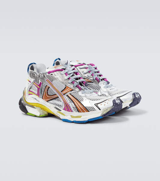 distressed rainbow mesh runner sneakers

vintage luxury style running shoes

grey deconstructed street sneakers

balenciaga inspired runners