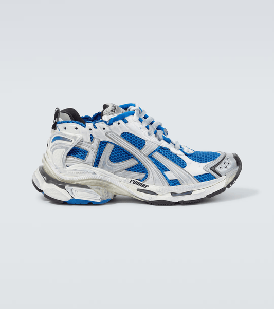 distressed white & blue mesh runner sneakers

vintage luxury style running shoes

grey deconstructed street sneakers

balenciaga inspired runners