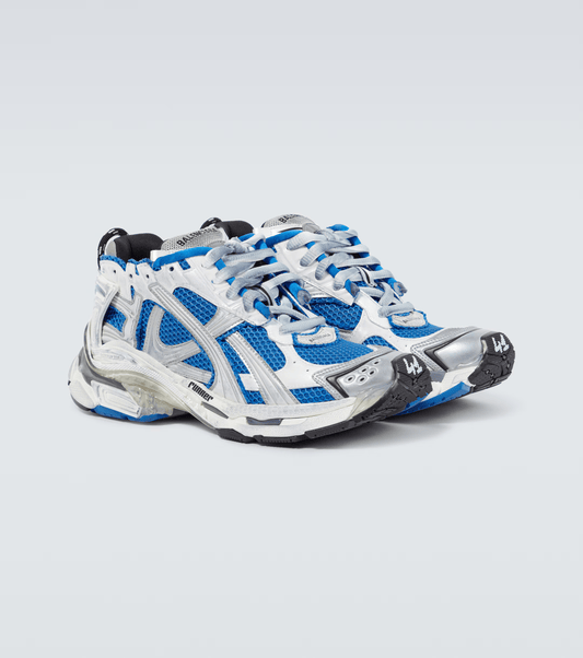 distressed white & blue mesh runner sneakers

vintage luxury style running shoes

grey deconstructed street sneakers

balenciaga inspired runners