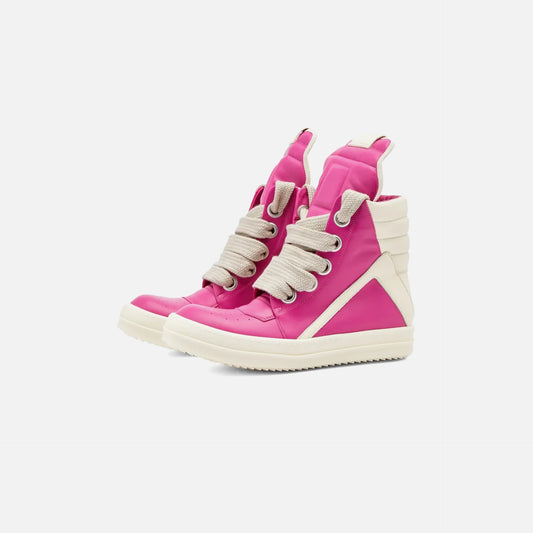 Rick Owens inspired Geobasket high tops

beige & acid pink leather avant-garde sneakers

chunky streetwear boots high top

beige & acid pink geobasket replica