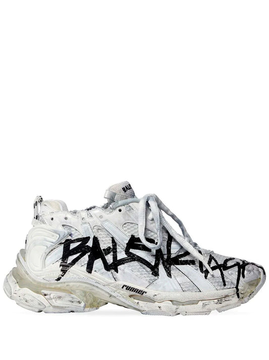 distressed white & black mesh runner sneakers

vintage luxury style running shoes

grey deconstructed street sneakers

balenciaga inspired runners