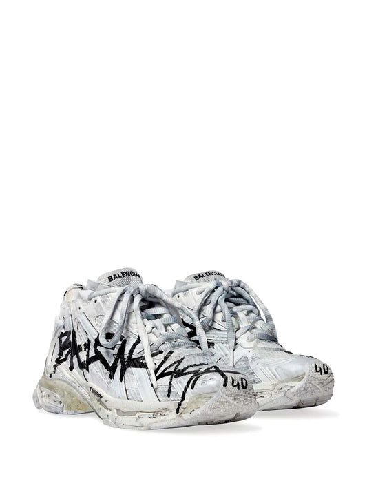 distressed white & black mesh runner sneakers

vintage luxury style running shoes

grey deconstructed street sneakers

balenciaga inspired runners