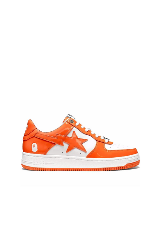 Bape Sta orange low-top sneakers

Bathing Ape glossy patent sneakers

Streetwear star-panel low shoes

Bape-style orange and white sneakers
