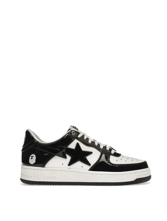 Bape Sta black low-top sneakers

Bathing Ape glossy patent sneakers

Streetwear star-panel low shoes

Bape-style black and white sneakers
