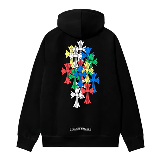 chrome hearts multicolor cross hoodie

designer zip-up hoodie black

gothic cross hoodie streetwear

luxury gradient graphic hoodie