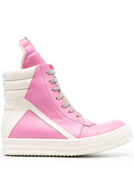 Rick Owens inspired Geobasket high tops

beige & pink leather avant-garde sneakers

chunky streetwear boots high top

beige & pink geobasket replica