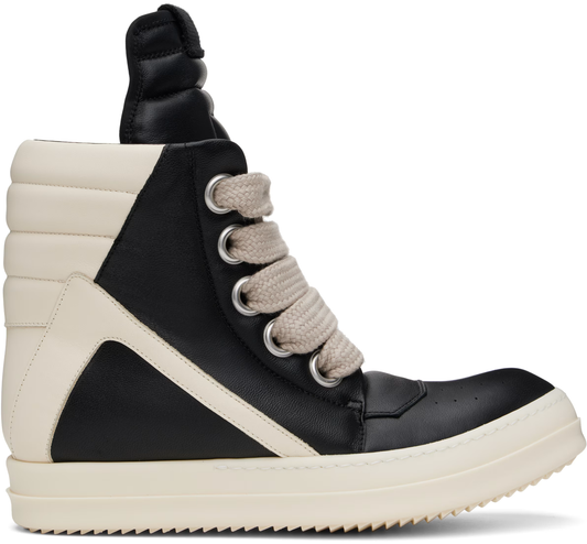 Rick Owens Jumbolace inspired Geobasket high tops

black leather avant-garde sneakers

chunky streetwear boots high top

black-beige geobasket replica