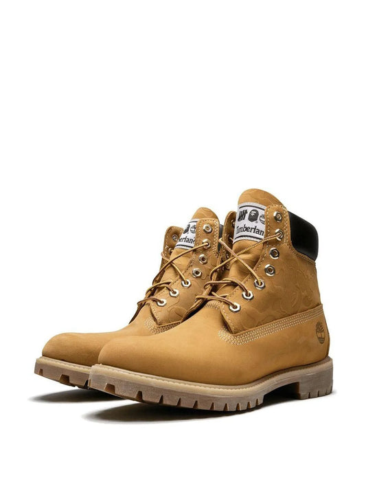 Timberland x BAPE x UNDFTD wheat boots

limited edition collab waterproof timbs

camo streetwear 6-inch boots

premium nubuck high-top boots